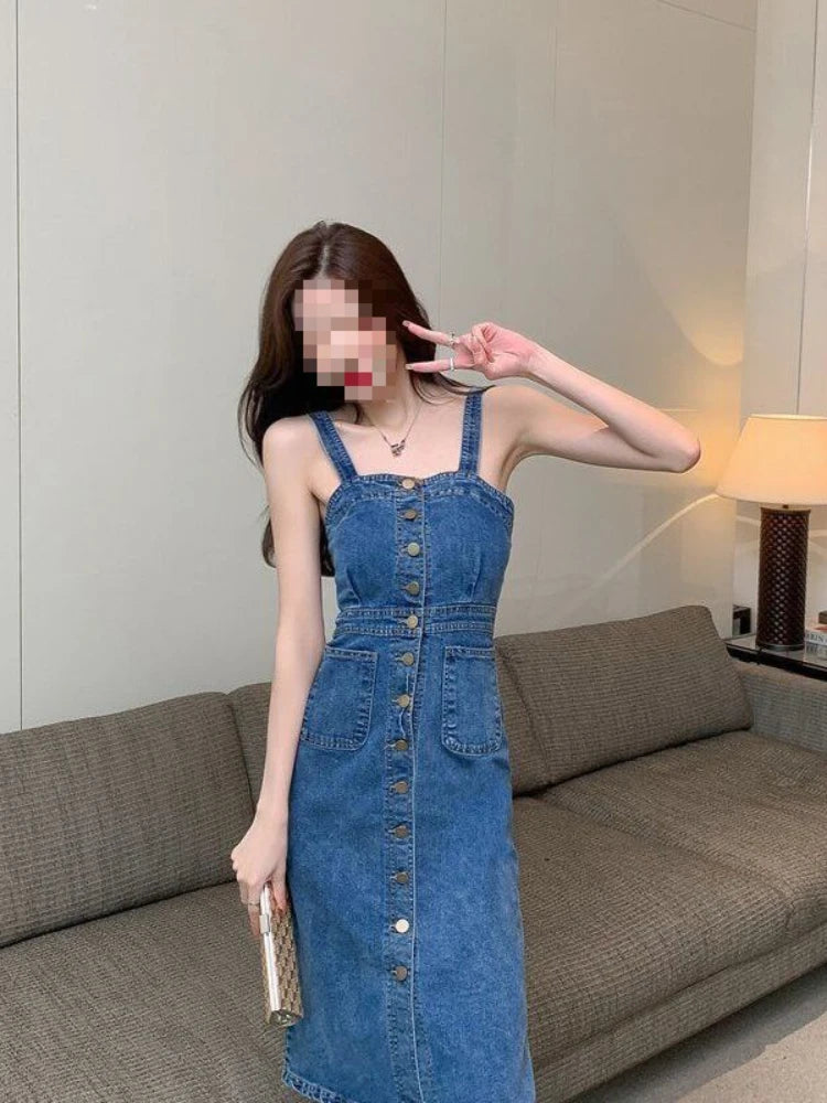 Denim Dress Sexy Style New Arrival Ins Strap Waist Single Breasted Stitching Female Bodycon Midi Dresses Female Vestidos