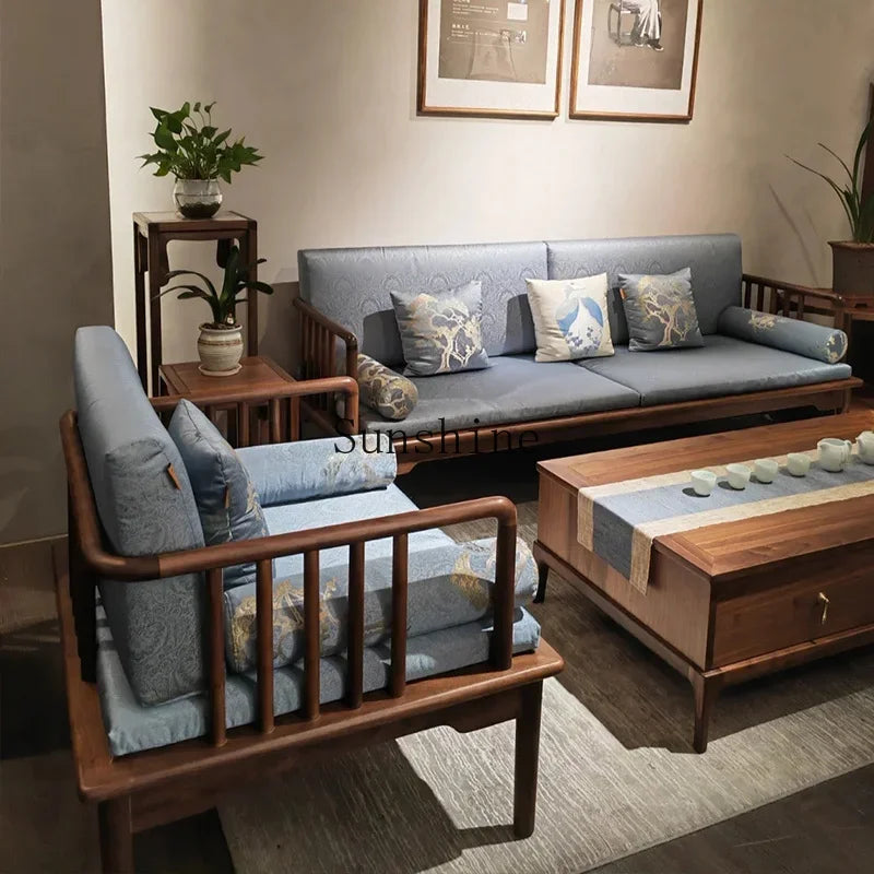 Fabric sofa living room modern simple solid wood new Chinese model room 123 combination  FT