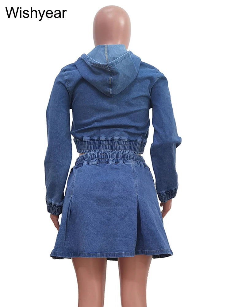 Vintage Wash Denim 2 Piece Sets Women Long Sleeve Hooded Crop Top and Pleated Skirts Suits Streetwear Matching Jeans Outfit 2025
