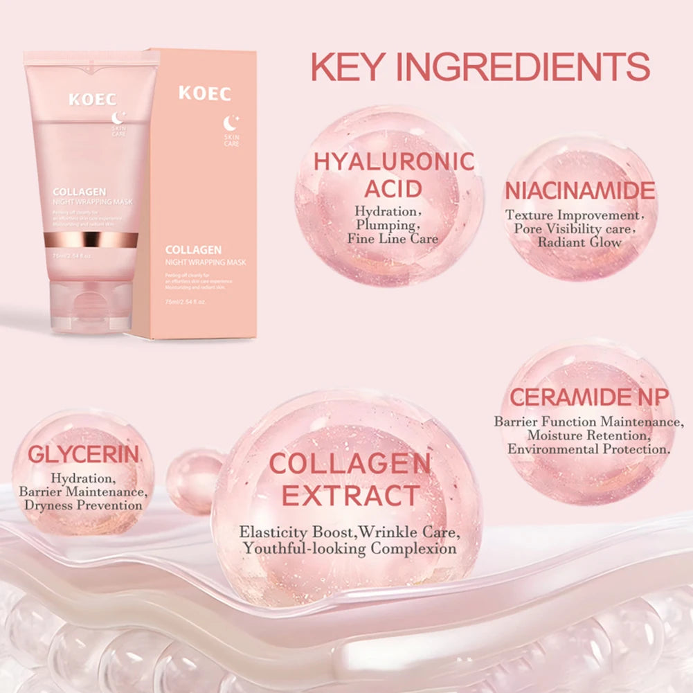 75ml Collagen Sleeping Mask,Collagen Overnight Wrapping Peel Off Facial Mask Deep Nourishing Refines Pores Mask With Brush