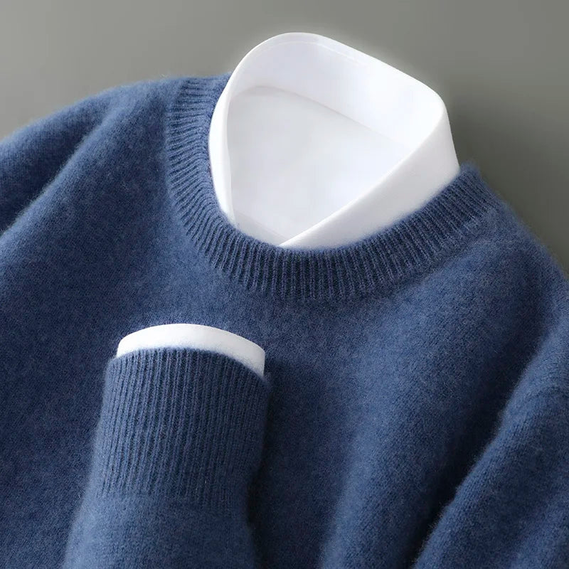 100% Australian Wool Knitted Men's O-Neck Sweater, Casual Business, Spring and Autumn Men's Long-Sleeved Pullover New Sweater