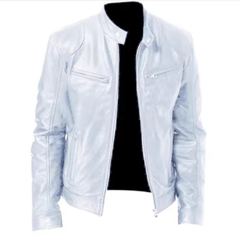 2023 Fashion Mens Leather Jacket Slim Fit Stand Collar PU Jacket Male Anti-wind Motorcycle Lapel Diagonal Zipper Jackets Men