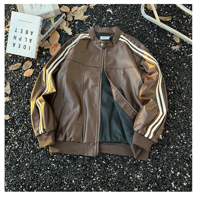Men's Brown Leather Jacket American Retro Patchwork Striped Outerwear Youthful Style Summer Biker Coat Long Sleeve Zipper Clo...