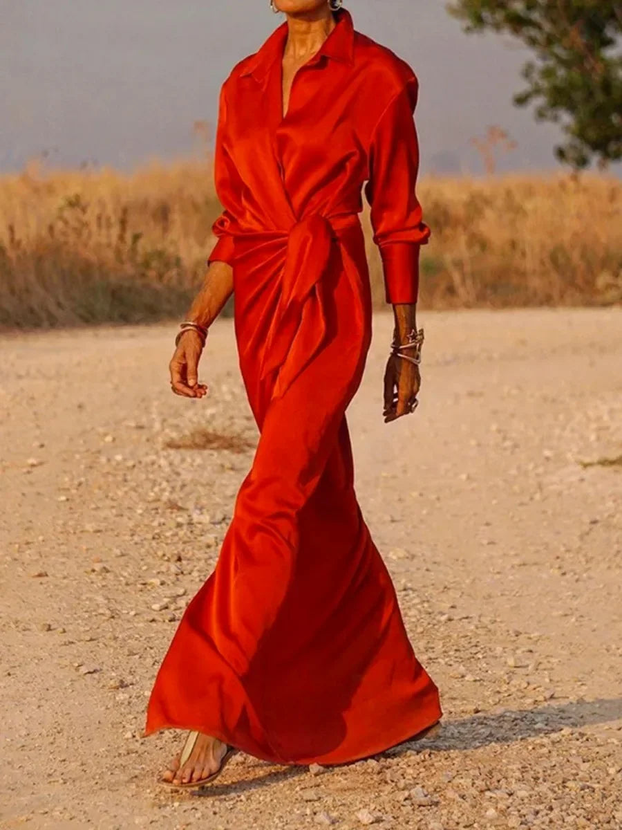 Yeezzi Office Lady Solid Color Formal Tied Waist A-line Dress 2025 New Spring Long Sleeves Elegant Pleated Evening Maxi Dresses