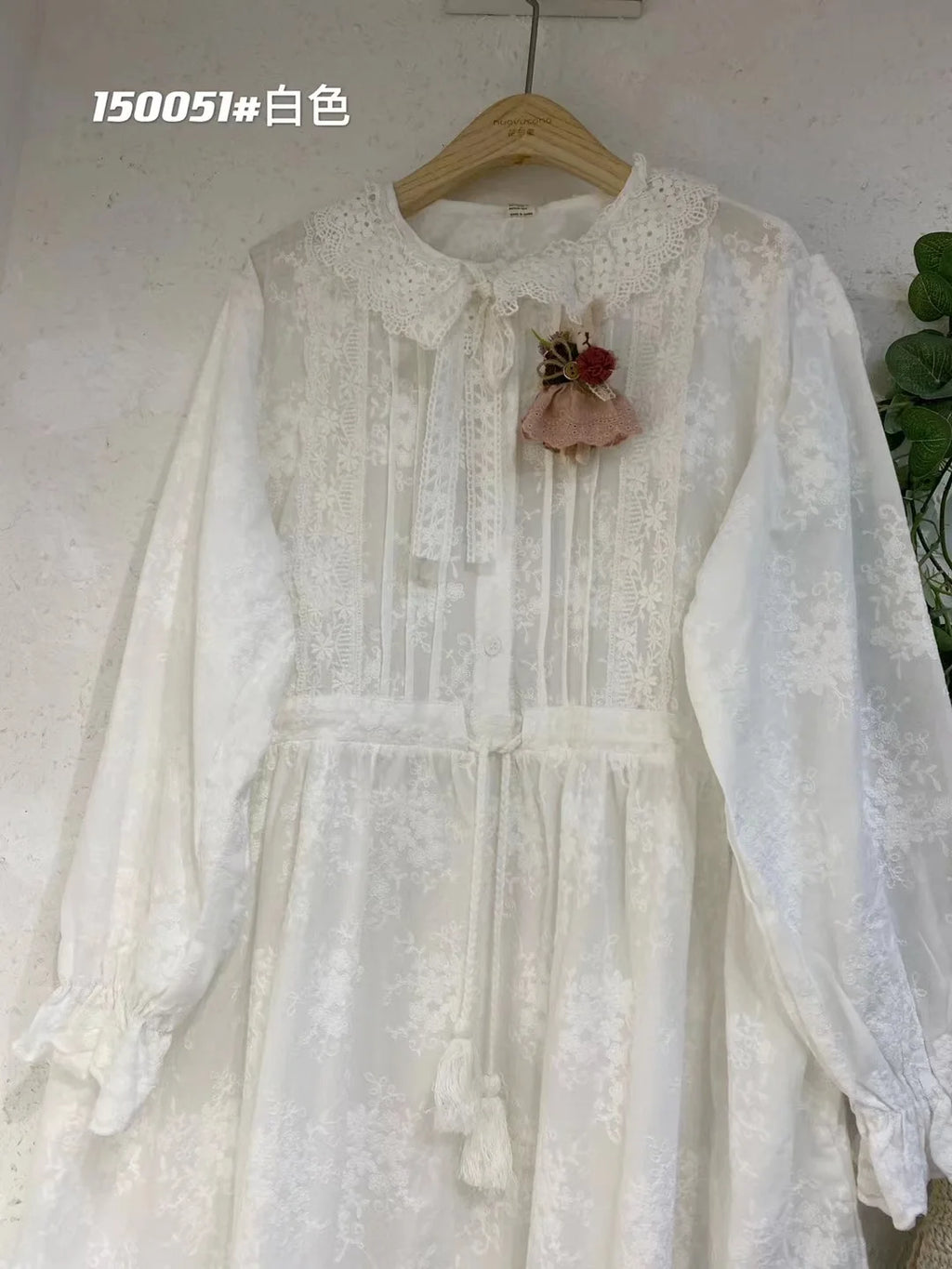 Vintage Embroidery Long Sleeve Cotton Linen Dresses Women Japanese Mori Girl Ruffled Lace Collar Loose Midi Dress Casual Vestido