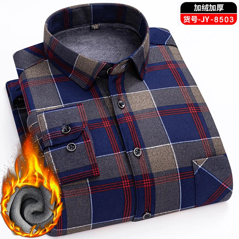 Men's long-sleeved shirts with added fleece and thickening are warm, casual in winter, skin-friendly, soft and cold-resistant