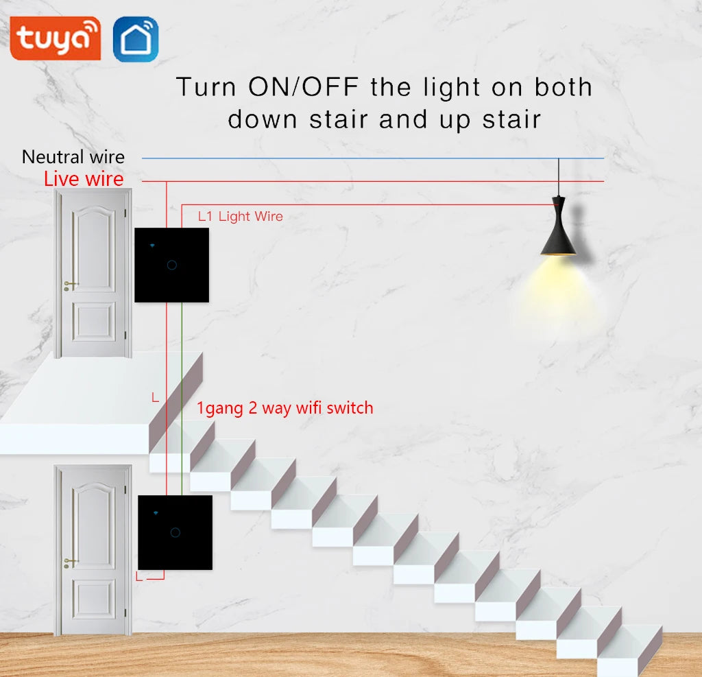 Wifi Smart  2way Switch 1gang 2gang 3gang Two Way Wall Touch Switch Voice and Smart Life TUYA APP Control For Stairs Corridors