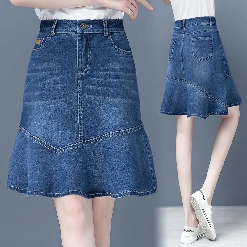 High Waist A-Line Midi Skirt for Women Spring 2023 Denim Split Long Dress Korean Style Commute Pure Color Long Skirt