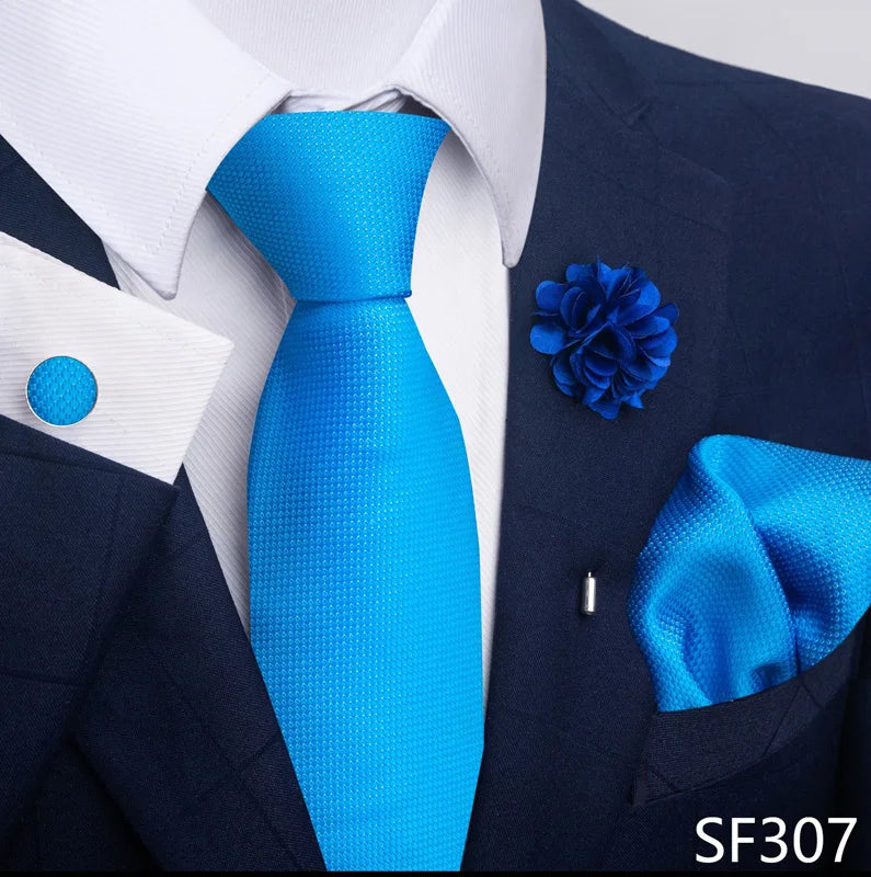 Hot Sale Luxury 8 Cm Blue Floral Ties Pocket Square Cufflinks Brooch Set For Man Suit Accessories Holiday Gift Fit Formal Party
