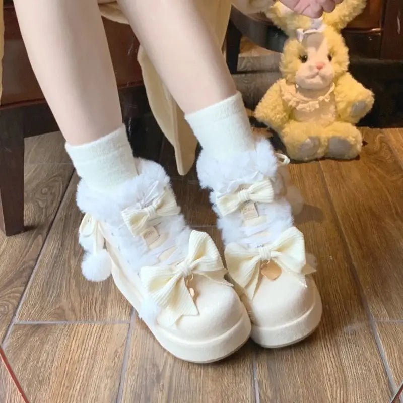 Sweet Girls Lolita Winter Snow Boots,Students Cute Plush Warm Bowknots PU Leather Lace Up Heightening Platform Shoes