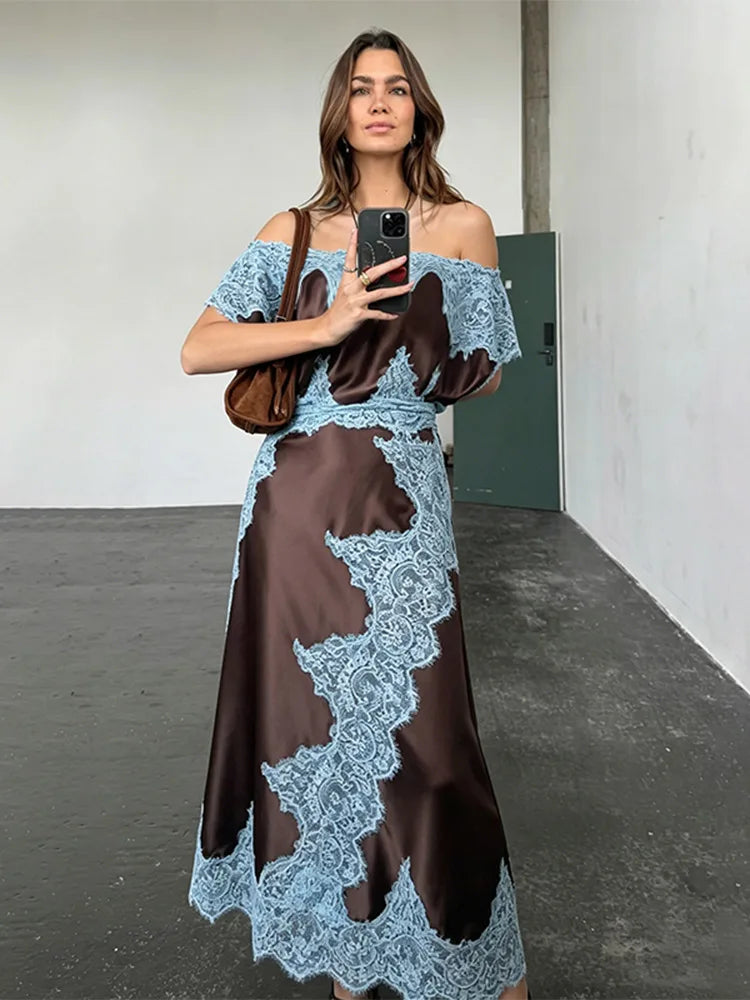 Elegant Lace Patchwork Long Women's Dress Urban Skew-collar Short Sleeve Empire Female Dresses 2026 Summer Vacation Lady Robe