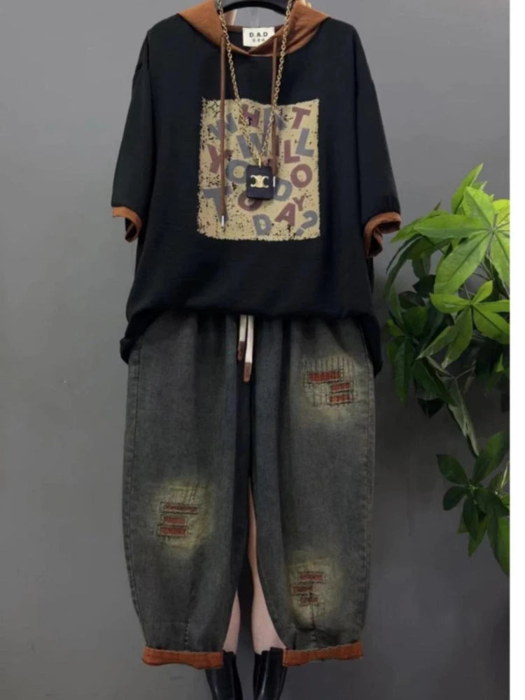 Vintage Plus Size Jeans Set Women's Two-Piece Outfit Casual Suit Denim Pants  Ladies Hooded T-Shirt Printed Jeans Sets
