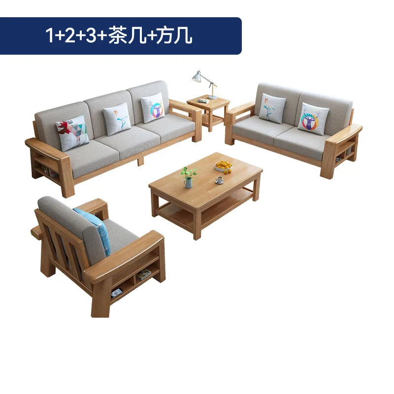 Nordic solid wood three-person sofa, modern simple fabric, small apartment concubine coffee table combination furniture
