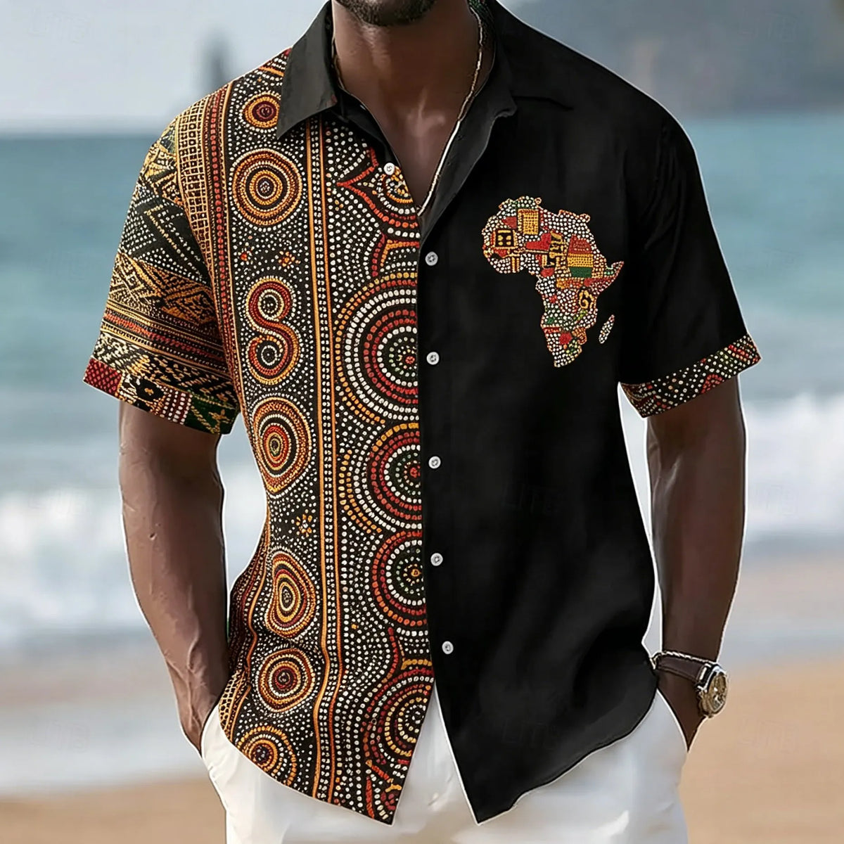 Men's African Map Mosaic Print Short Sleeve Shirt Ethnic Geometric Pattern Casual Button Down Top for Spring & Summer