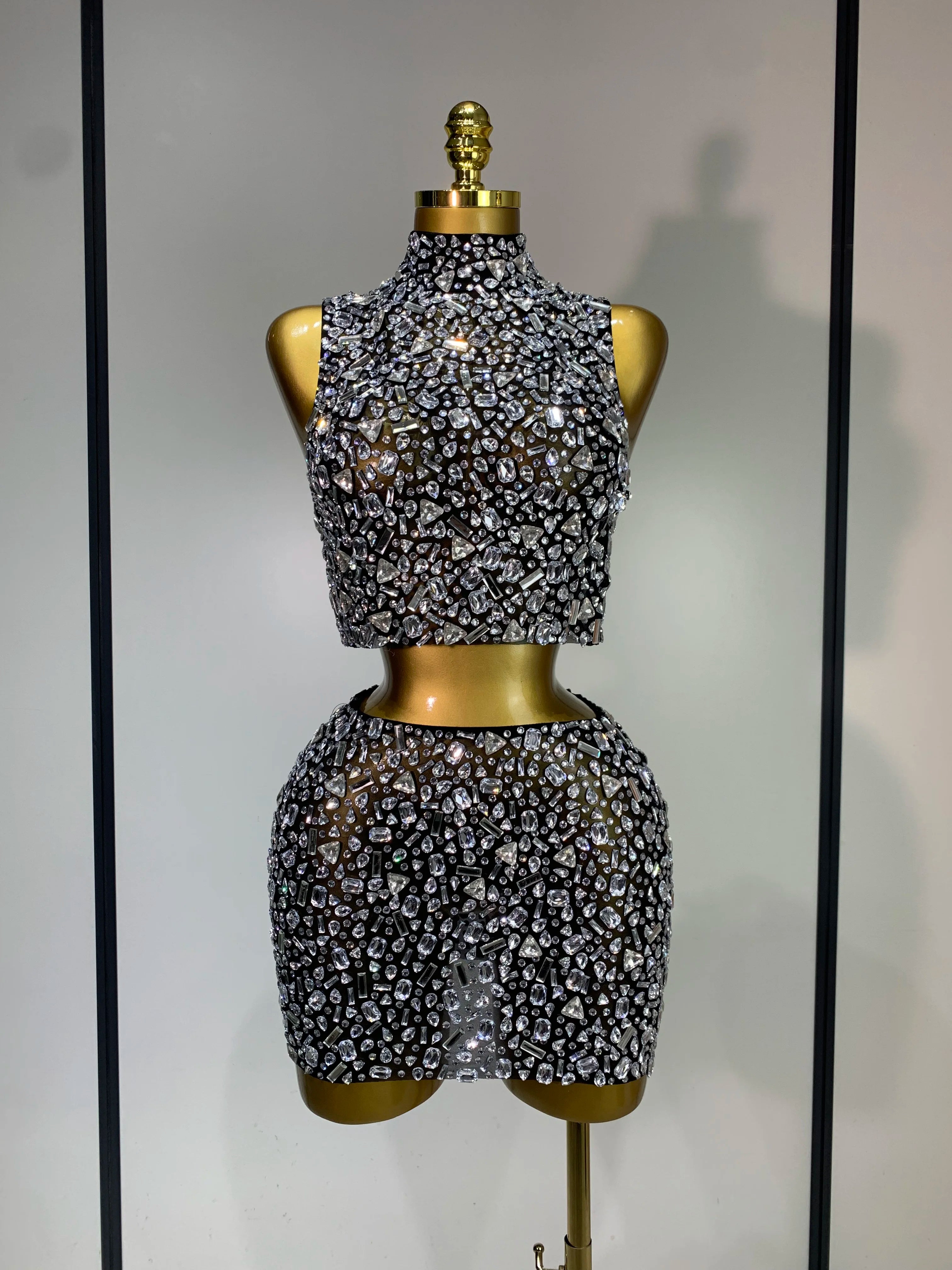 High Quality Sparkling Rhinestone Sexy See Through Blackless Top Skirt Two Pieces Set Woman Luxury Birthday Evening Party Gowns