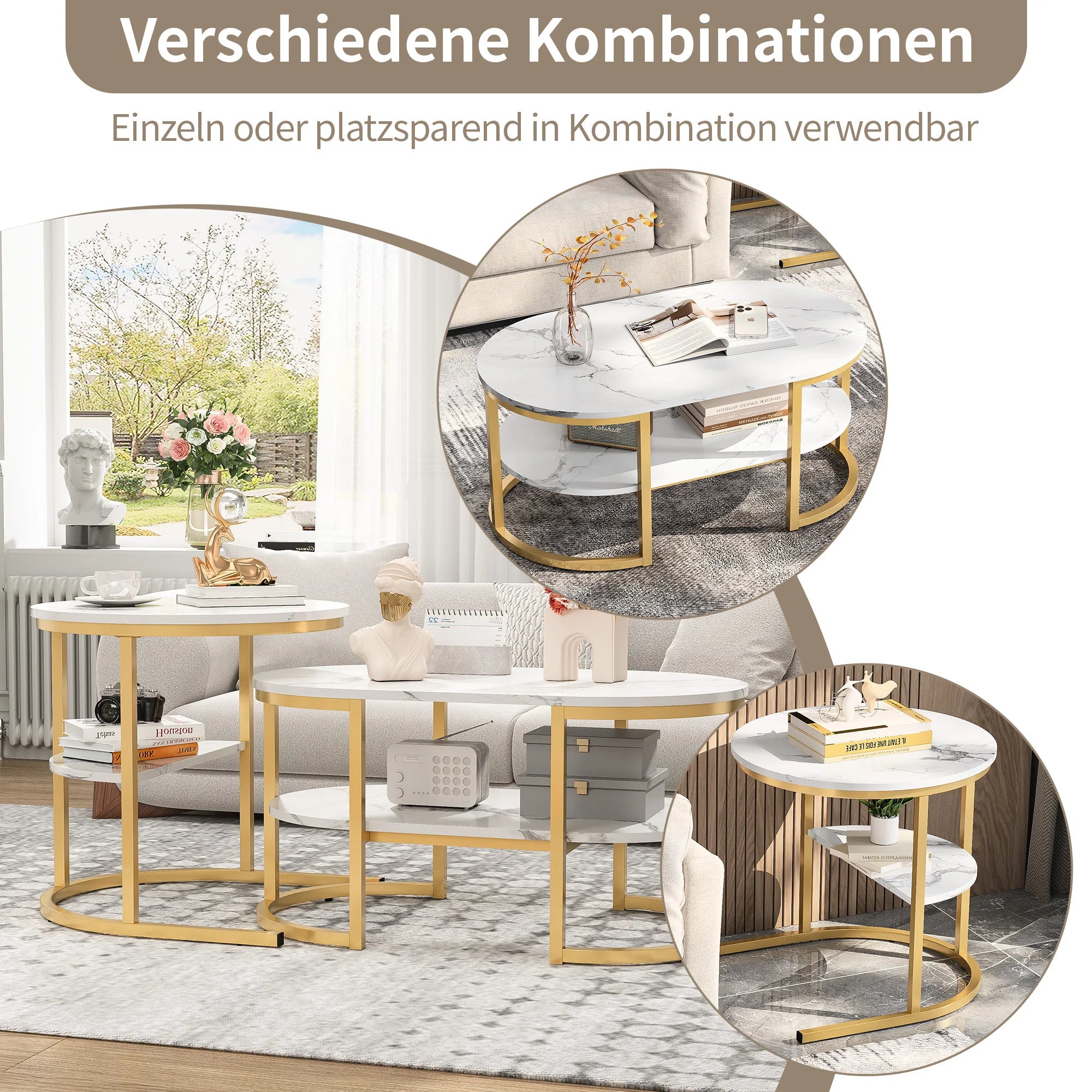 Creahappy - Set of 2 Modern Coffee Table, Stackable Elegant Coffee Table with Storage, Modern Living Room Furniture