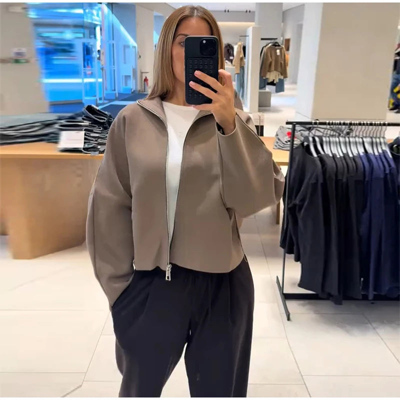 Elegant Knitted Zipper Women's Sweater Solid Full Sleeve Stand Collar Loose Open Stitch Female 2026 Fashion Autumn Outwear Lady