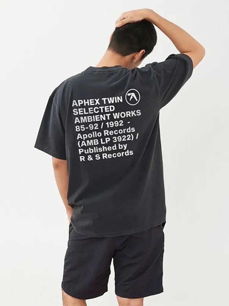 Men T-Shirt Aphex Twin Washed Black Print Short Sleeve Tops Cotton Graphic Oversized Korean Fashion Tees Y2k Streetwear Clothing