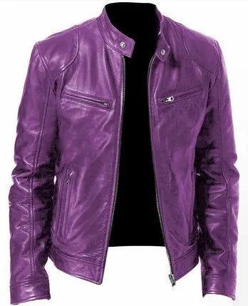 Winter Stand Collar Zip-Up Pocket PU Leather Jacket Men's Slim Business Casual