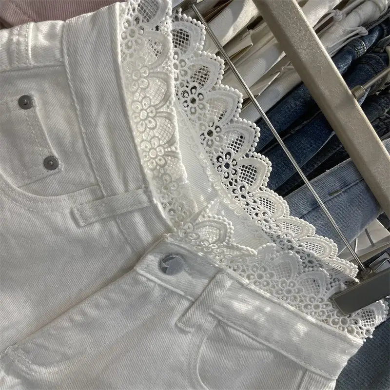 Light Blue Denim Shorts For Women High Waisted Raw Hem Lace Patchwork Petite Shorts Summer Casual Slim Fit Hot Pants