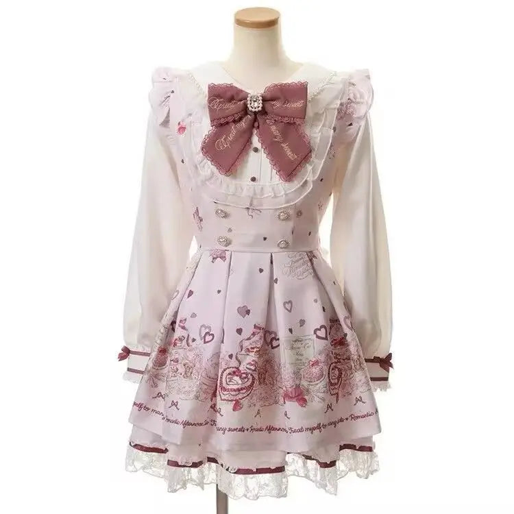 Japanese Style Lolita 2 Piece Set Y2k Mini Skirt Woman Harajuku Sweet Kawaii Print Dress Tops Korean Fashion Elegant Dress