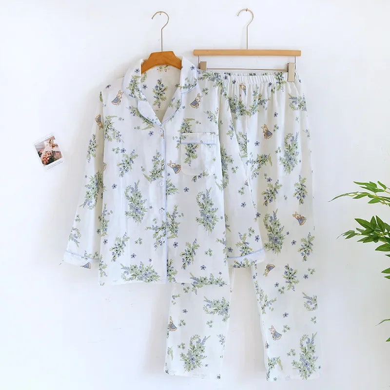 2026 Spring/Summer New Women's Pajama Set 100% Pure Cotton Double Layer Gauze Long Sleeve Two Piece Cartoon Cute Sweet Home Fury