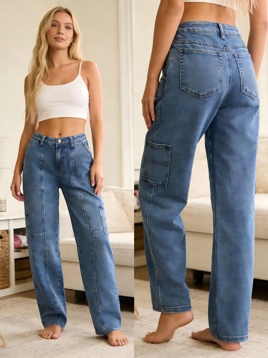 Women’s High-Waist Straight-Leg Cargo Jeans – Light Wash