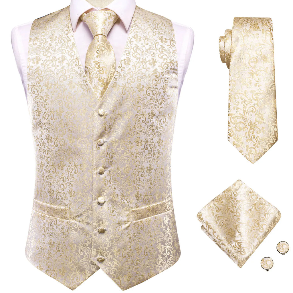 Hi-Tie Silk Mens Waistcoat Tie Set Gold Brown Orange Beige Ivory Khaki Bronze Sleeveless Jacket Suit Vest Necktie Hanky Cufflink