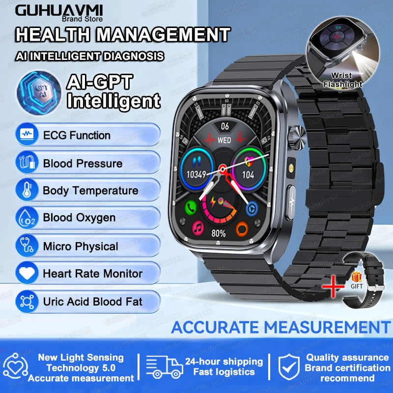 2026 New AI-Diagnosis Care Smartwatch Accurate ECG Uric Acid Lipids Blood Pressure Body Fat IP68 Waterproof Fitness Smartwatch