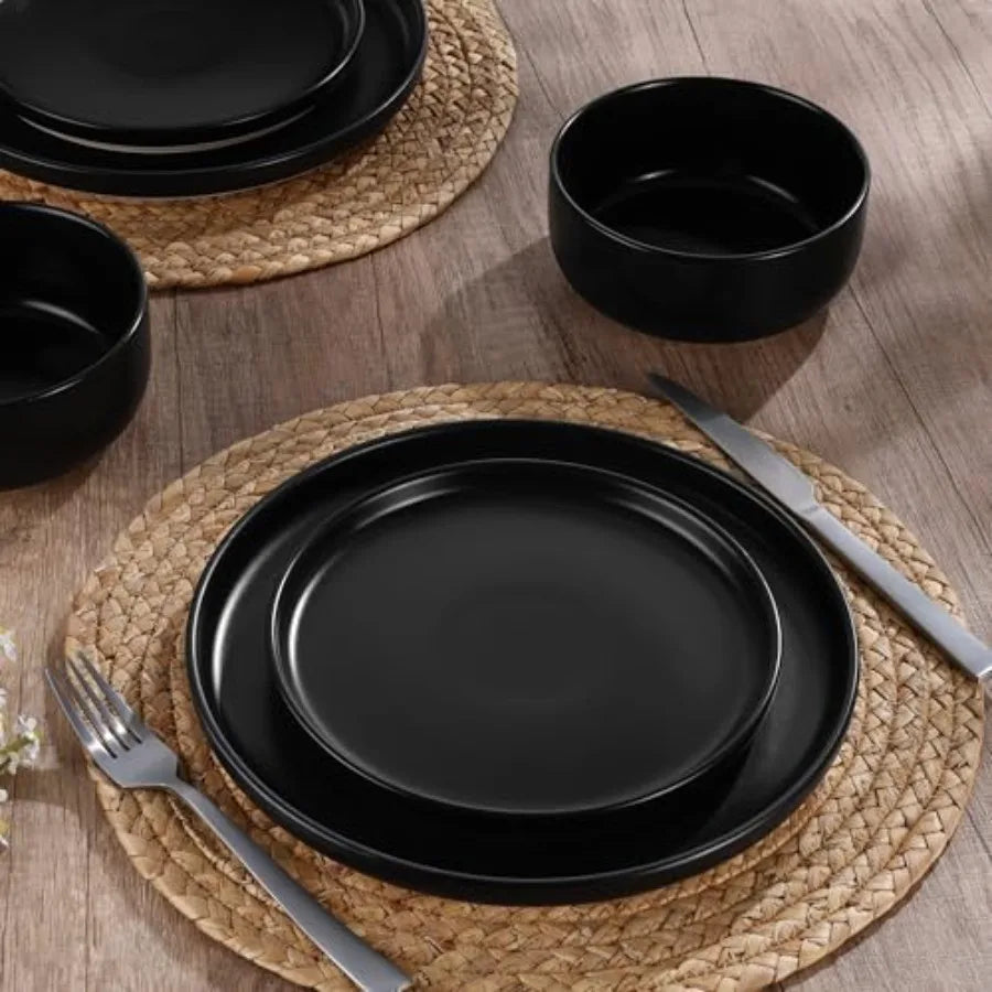 Stoneware Dinnerware Sets, 12-Piece Plates and Bowls Set for 4, Dishes Set for Home Restaurant, Frosting Black