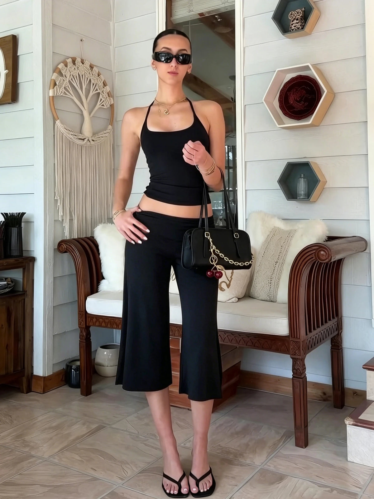 Dulzura Women'S Solid High Waist Slim Fit Calf-Length Pants Casual Versatile Flare Long Pants Party Club Street Summer Clothes