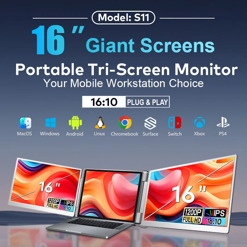 16 inch dual monitor 1200P plug & play dual screen monitor with Type-C & HD Port foldable monitor for Windows & MacOS