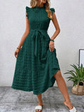 Elegant Women's Summer New Fashion Wooden Ear Edge Flying Sleeve Lace Up Texture Dress Purple  Sleeveless Lace Up Long Dresses