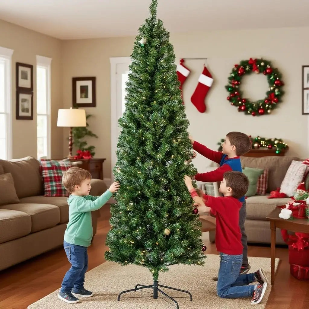 Garvee 6.5ft Pre-Lit Slim Pencil Christmas Tree with 250 Warm LED Lights Festive Family Party Christmas Atmosphere Decor Artificial Pencil Xmas Tree 586 Branch Tips, 8 Lighting Modes