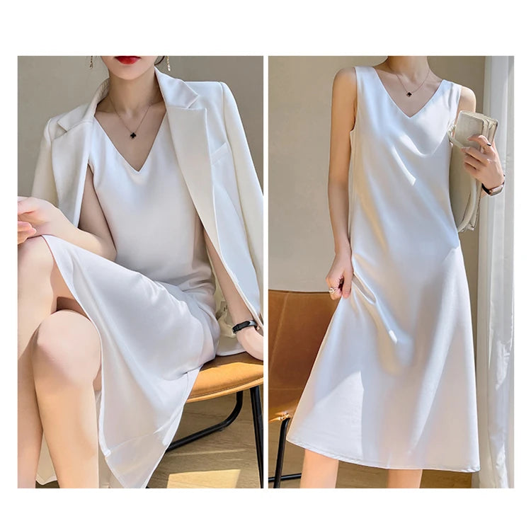 LHZSYY Silk Satin Front/Back V-neck Sling Dress Women's Sleeveless Waistcoat Top Spring Summer New Mulberry Silk Hip Long Skirts