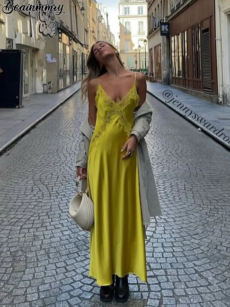 Chic Solid Lace Patchwork Satin Dress Fashion Sleeveless Off-shoulder Sling Maxi Dresses Party Daily Outdoor Casual Attire 2026