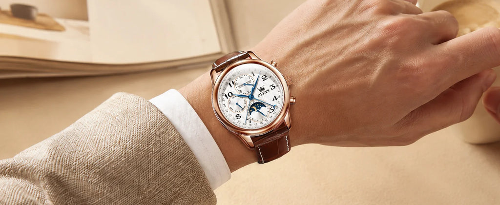 OLEVS 6667 Mens Watch Multifunctional Chronograph Mechanical Watch Leather Strap Moon Phase Watches For Man Luxury Original