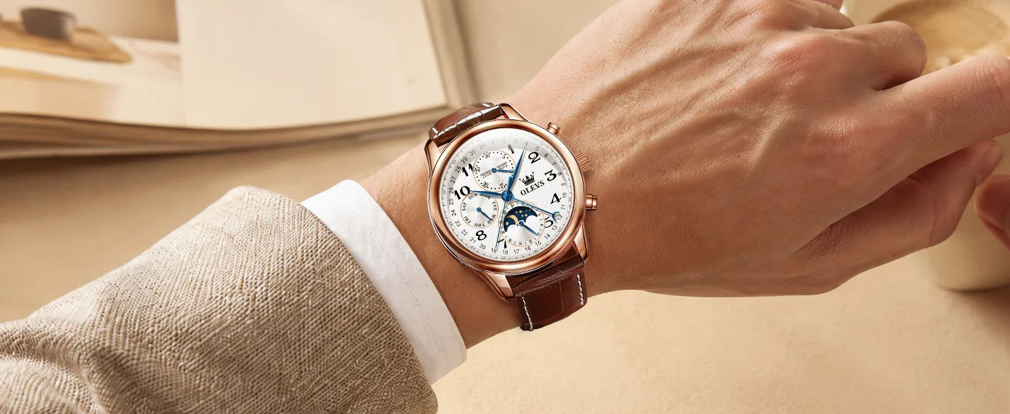 OLEVS 6667 Mens Watch Multifunctional Chronograph Mechanical Watch Leather Strap Moon Phase Watches For Man Luxury Original