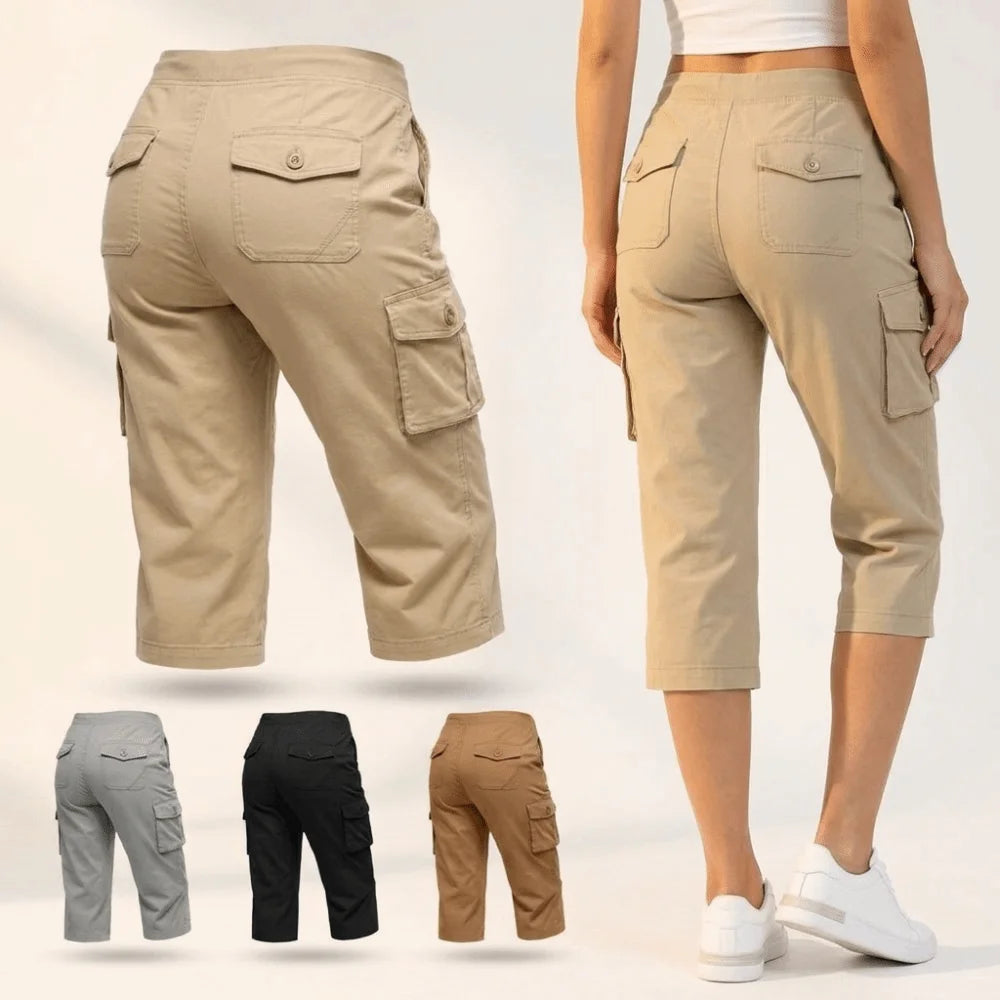 Quick Dry Fabric Women’s Hiking Pants Lightweight Feel Elastic Waistband Capri Pants Multiple Pockets Cropped Length Cargo Pants