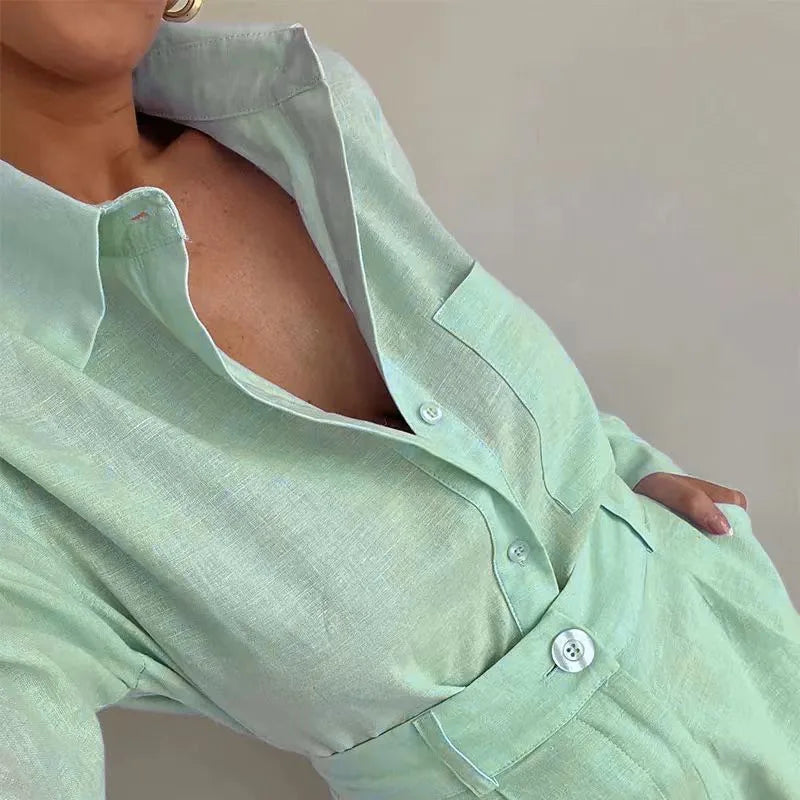 2026 New Women's Long Sleeve 2-Piece Set Casual Button Detail Shorts Outfit Shirt Top Summer Fashion Female Suit Y2k Clothing
