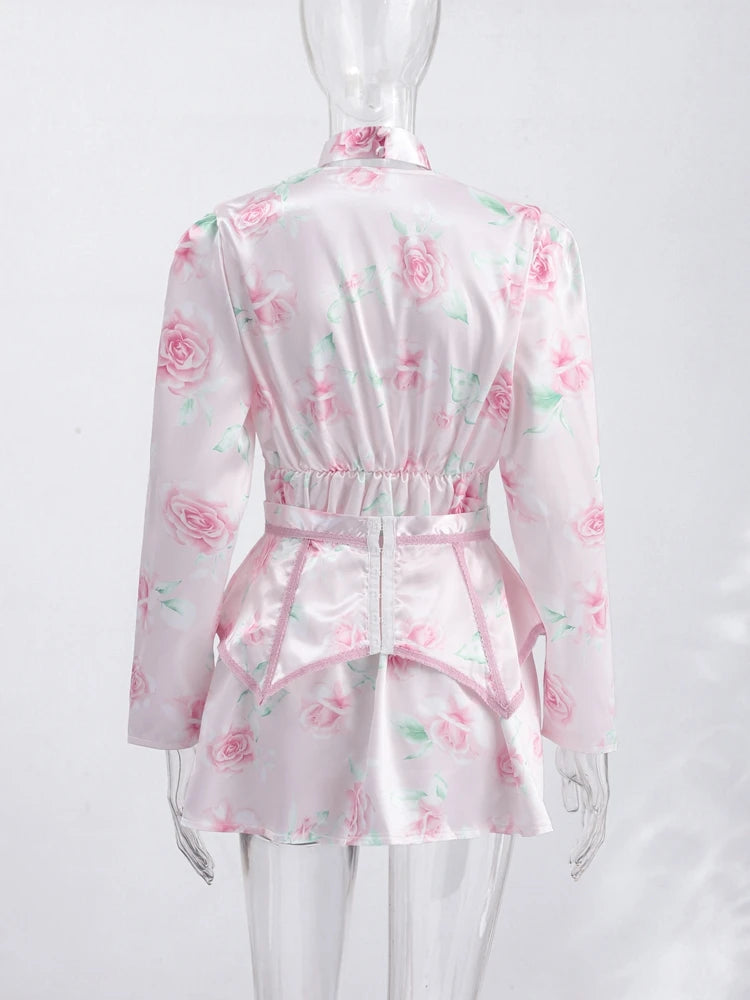 Women Rose Print Dress Puff Long Sleeve Mini Dress Sheer Mesh Ruffle Hem Button Front Fairy Party Short Dresses Summer Wear