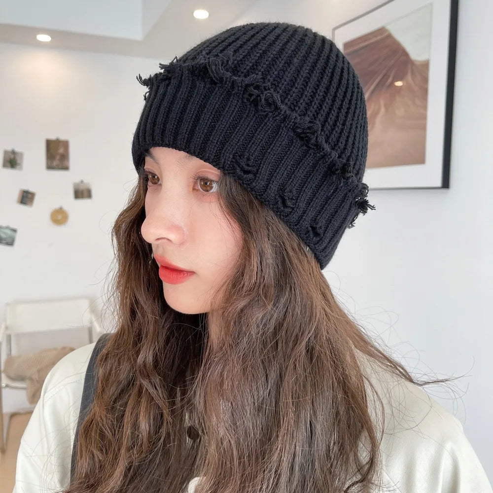 New Fall and Winter Hip Hop Trend Broken Brim Knitted Hat Woman Man Green Grey Black White Hole Cap Warm Hat Bonnets Fall