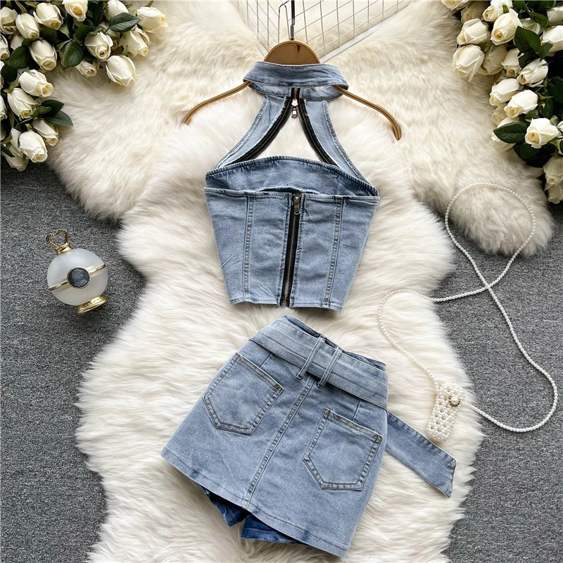 Sexy Women Summer Denim Jeans Halter Tops Mini Skirt Outfits Suits Backless Sashes Chic Style Bodycon High Waist Vestidos