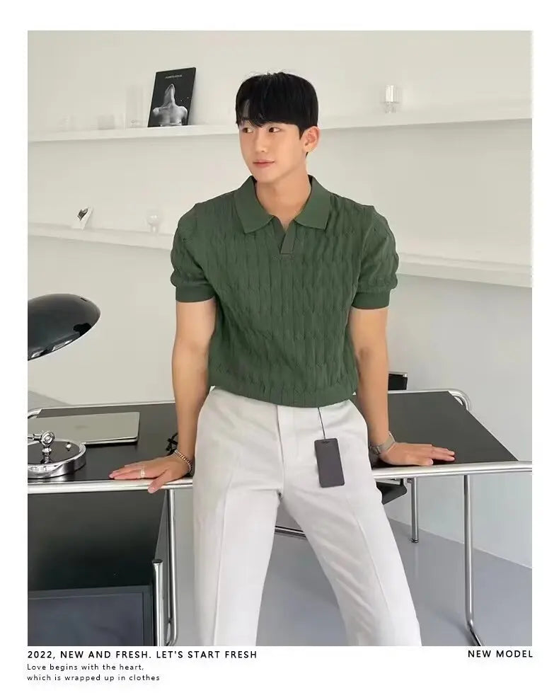Trendy Polo Shirt for Men Summer Solid Color Top Versatile Knit Style Korean Short Sleeves Casual Fashion T-shirt