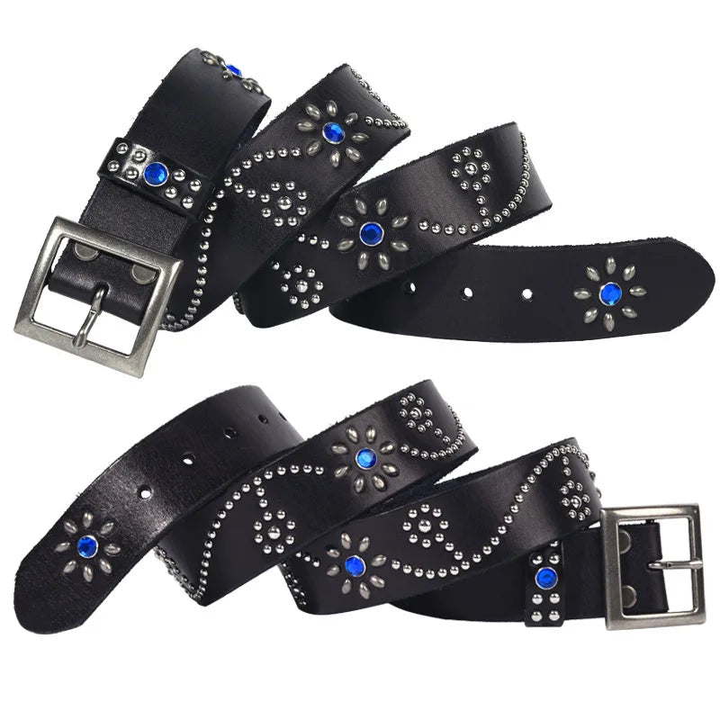 Men High Quality Pure Cowhide Belt Genuine Leather Strap Male Luxury Pin Buckle Diamond-studded Rivets Jeans Belts for Women