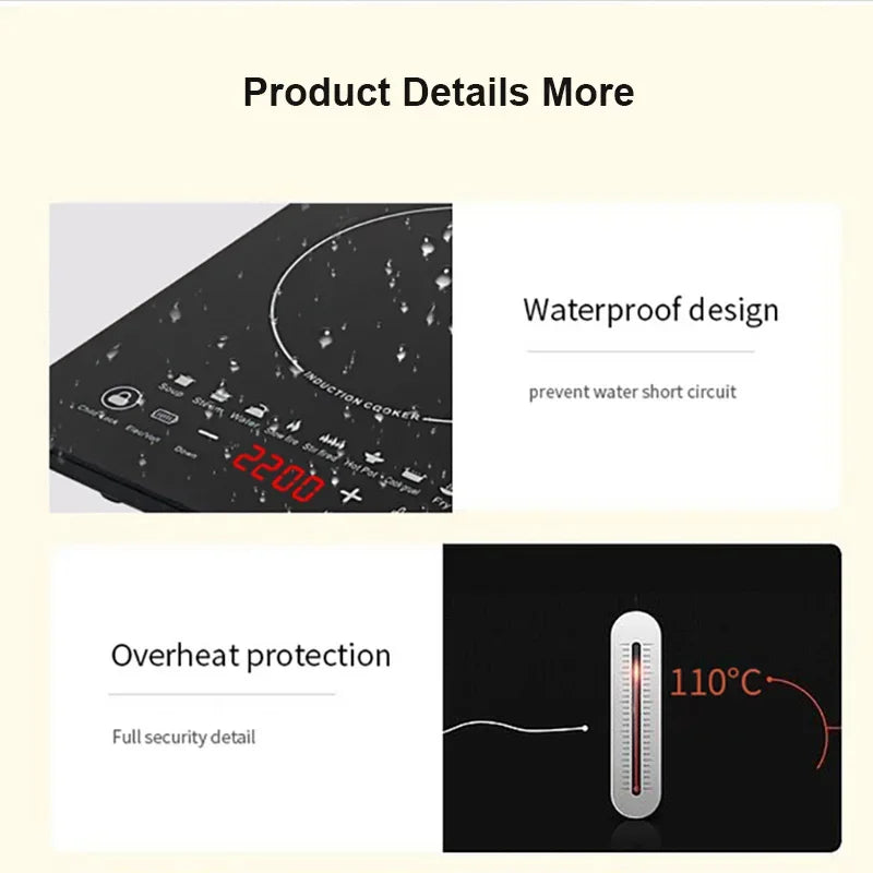 110V 220V Electric Induction Cooker, 10 Gear Touch Control Black Crystal Panel Timing Hotpot Stove