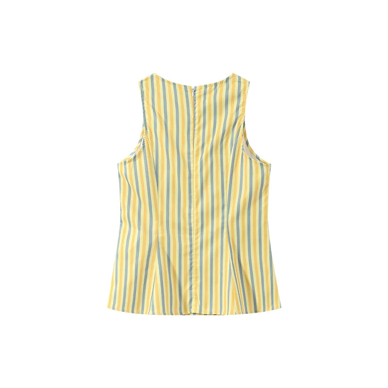 Casual Striped Pleated Vest Pants Women's Set Elegant Sleeveless O-neck Top Wide Leg Trousers 2026 Summer Vacation Lady Outfit