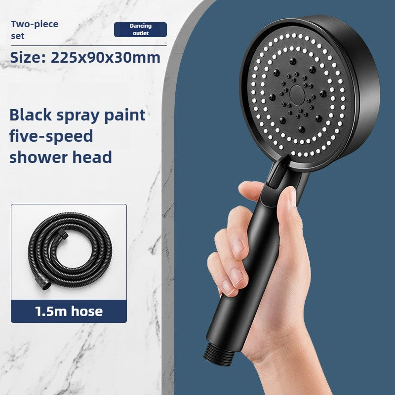 High-Pressure Handheld Shower Head with Stand and Hose - 5 Adjustable Water Flow Modes, Round Plastic Bathroom Accessory