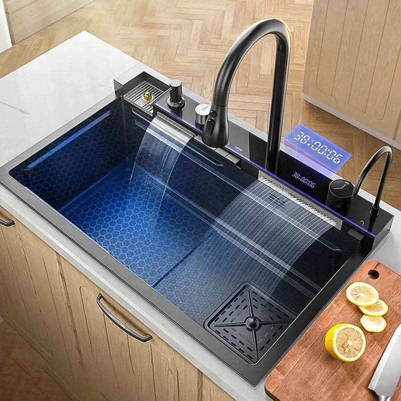 Modern Kitchen Sink Smart Digital Display Single Slot with Cup Washer Stainless Steel Luxury Design for Apartments