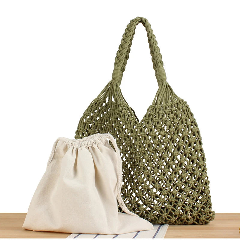 Hollow Crochet Mesh Woven Shoulder Bag With Inner Pocket,Women Solid Color Handbag,Summer Work Beach Vacation Commuting Tote Bag